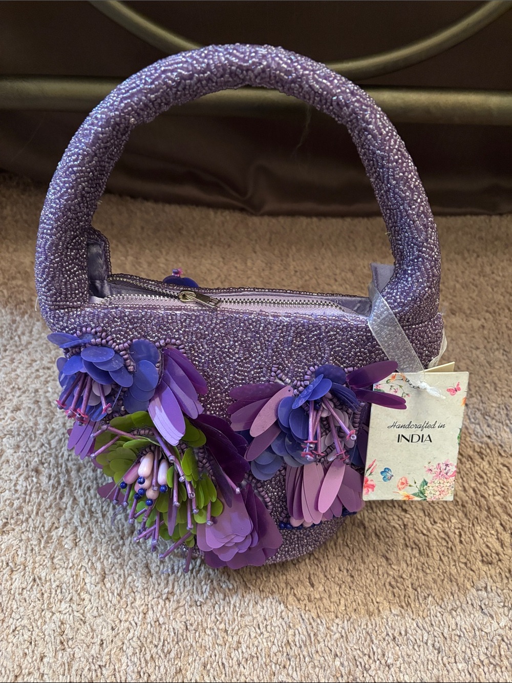 Handcrafted Purple Beaded Floral Handle Bag